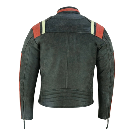 Men's Biker Jacket in Distressed Grey Cowhide Leather with Stripes