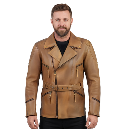 Men's Leather Biker Jacket 3/4 Length Cowhide Motorcycle Jacket