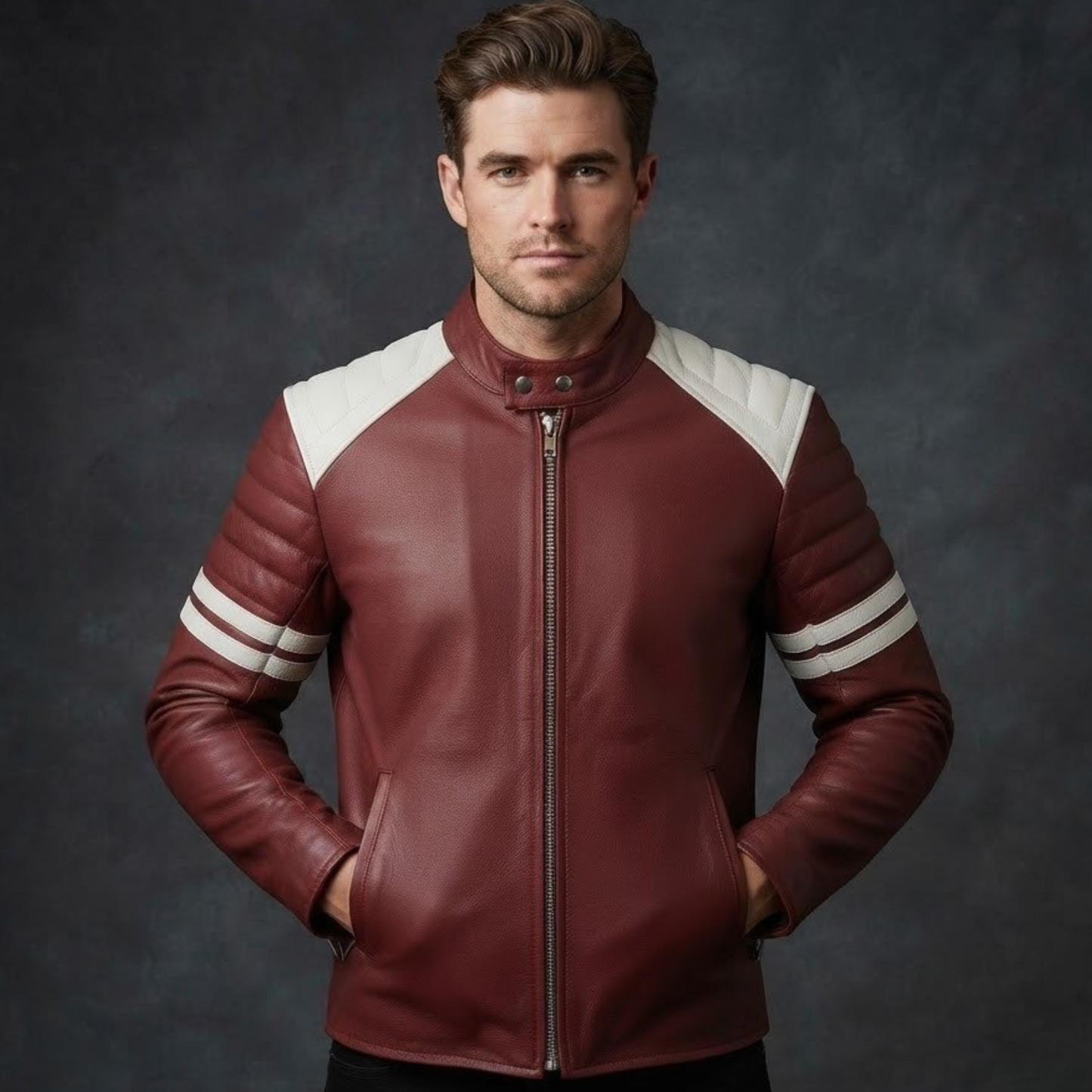 premium  fight club men's leather biker jacket in cowhide with white strips