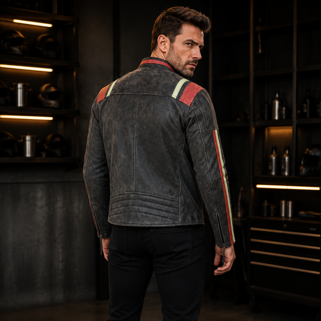 a man wearing a dark gray distressed leather jacket with red and white stripe details on the shoulders and sleeves, paired with black pants and boots, standing in a dark, modern workshop or garage setting.