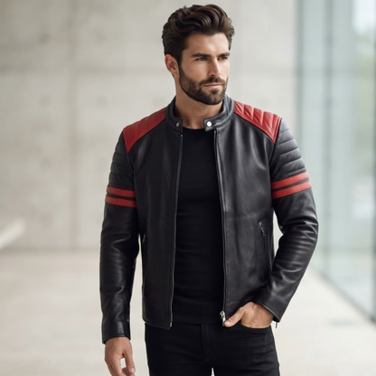 Premium  Fight Club Men's Leather Biker Jacket in Cowhide With White Strips