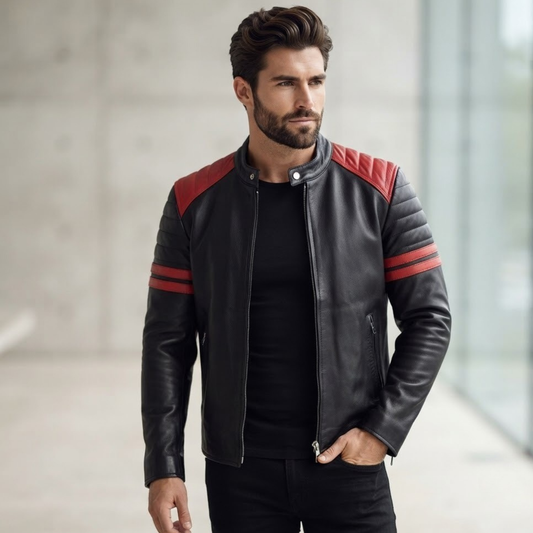 Premium  Fight Club Men's Leather Biker Jacket in Cowhide With White Strips