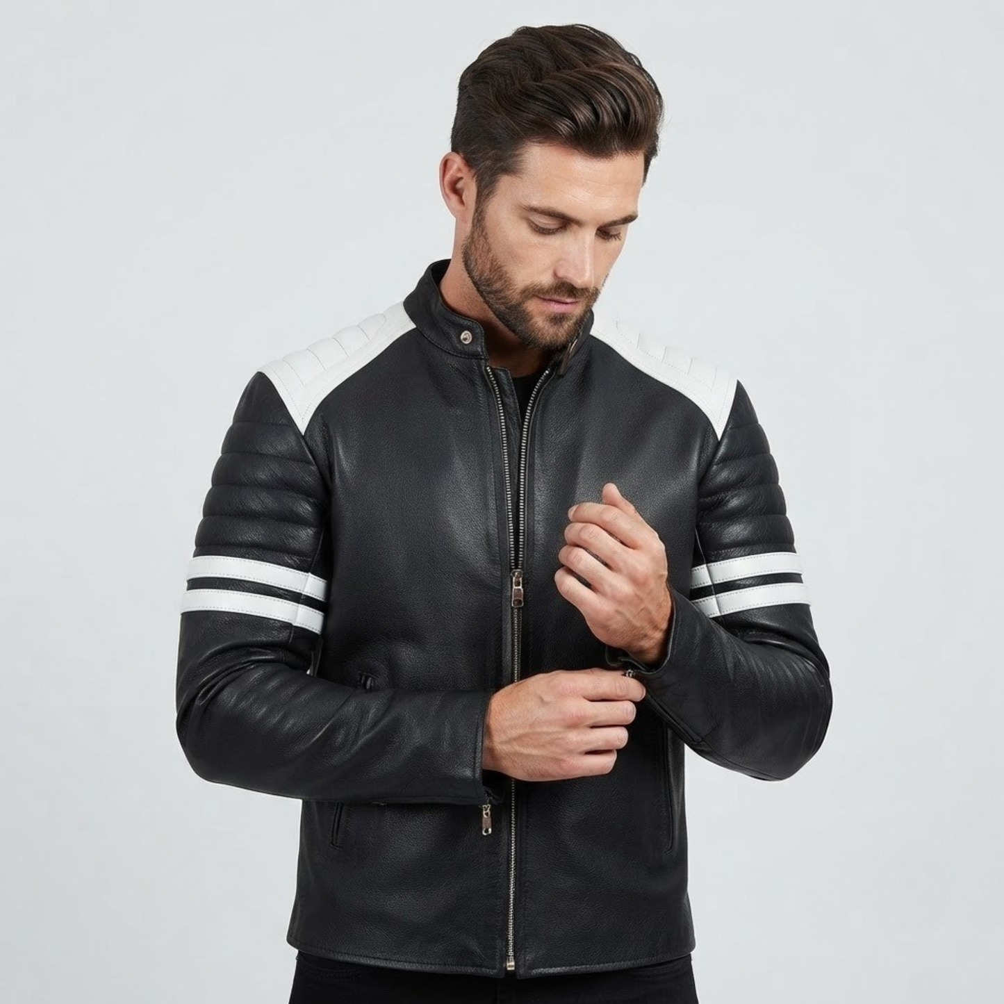 premium  fight club men's leather biker jacket in cowhide with white strips