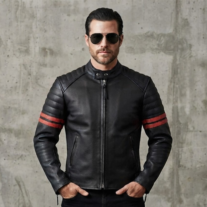 Vintage Fight Club Leather Biker Jacket with White Stripes