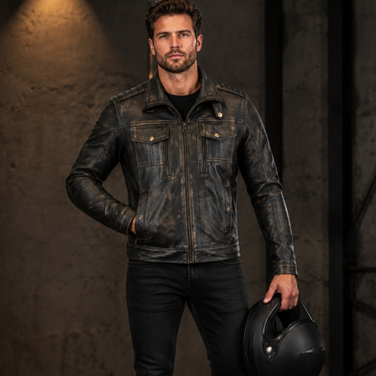 Mens Leather Biker Jacket in Antique Grey Vintage Cafe Racer Style