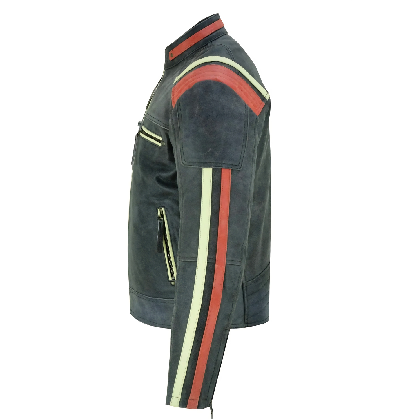 men's biker jacket in distressed grey cowhide leather with stripes