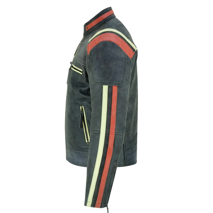 Men's Biker Jacket in Distressed Grey Cowhide Leather with Stripes