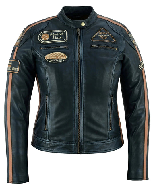 Women's Black Leather Biker Jacket with Badges