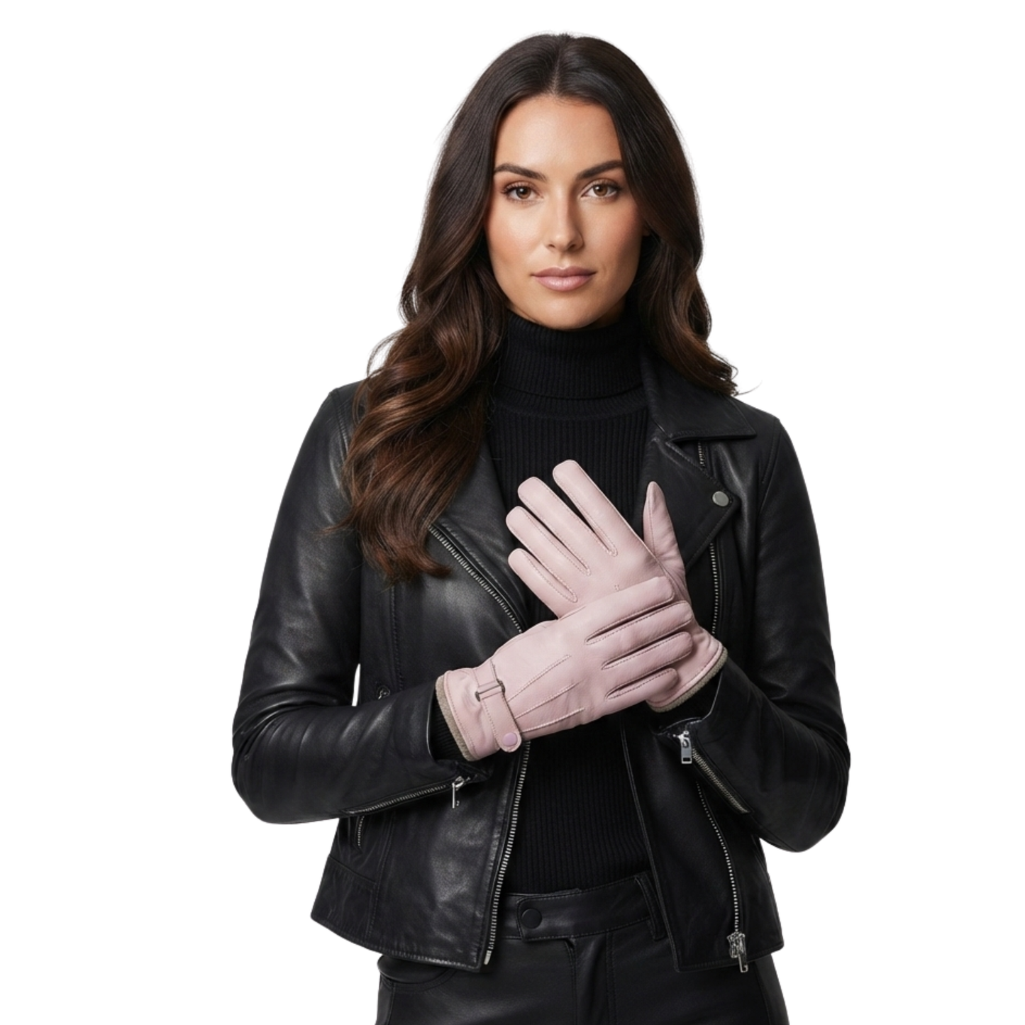 pink leather gloves – soft sheepskin winter touchscreen gloves for women