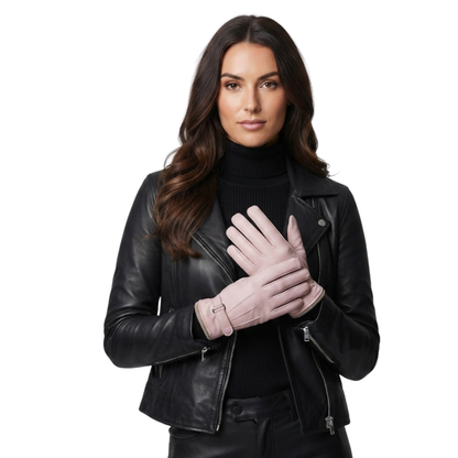 Pink Leather Gloves – Soft Sheepskin Winter Touchscreen Gloves for Women