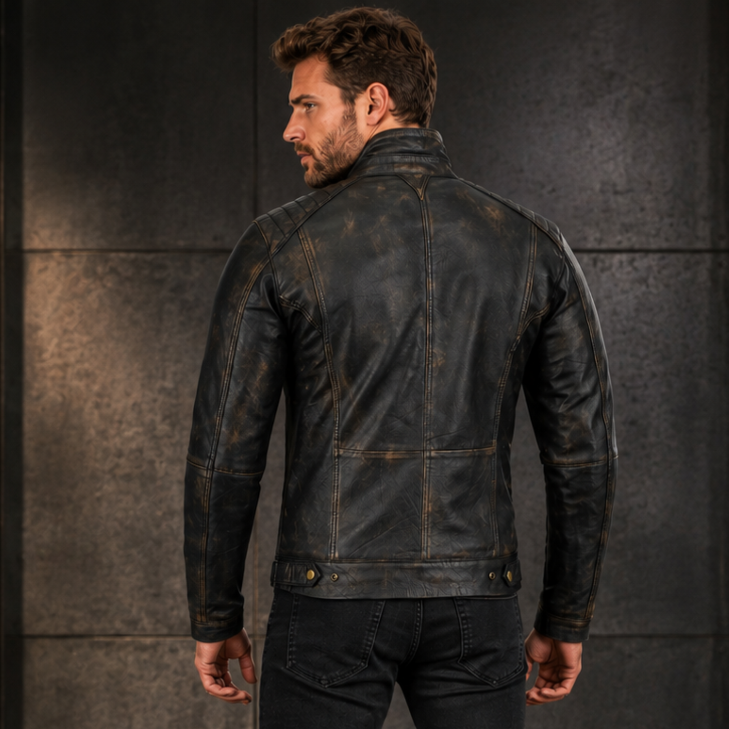 mens leather biker jacket in antique grey vintage cafe racer style