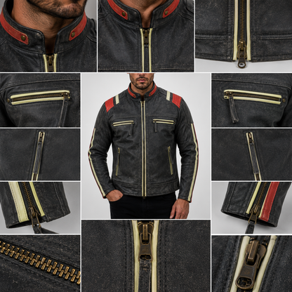 Men's Biker Jacket in Distressed Grey Cowhide Leather with Stripes