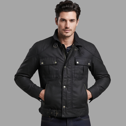 Classic Waxed Cotton Motorcycle Biker Jacket for Men