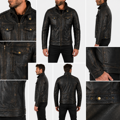 Mens Leather Biker Jacket in Antique Grey Vintage Cafe Racer Style