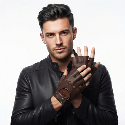 Leather Fingerless Gloves – Premium Half Finger Driving & Riding Gloves