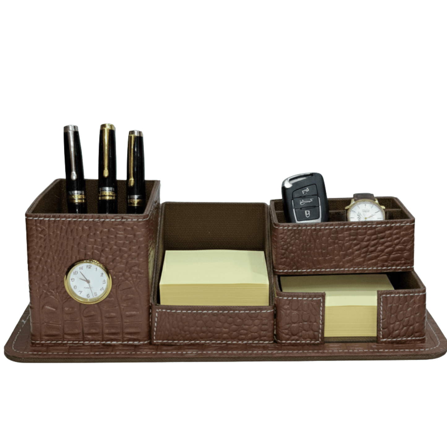luxury leather desk organiser with clock | executive pen holder