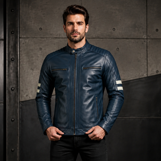 Motor Jacket Men Navy Cafe Racer Sheepskin Leather Biker Jacket