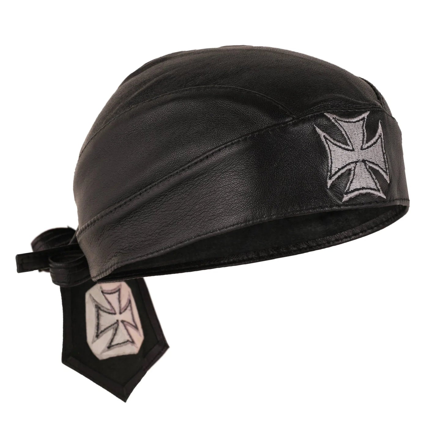 black leather durag cap iron cross headwrap one size fits all