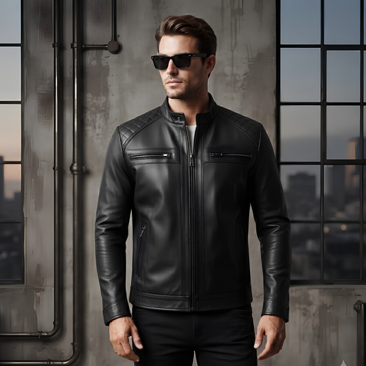 Mens Black Leather Jacket Real Leather Quilted Shoulder Design