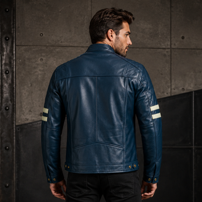 Motor Jacket Men Navy Cafe Racer Sheepskin Leather Biker Jacket