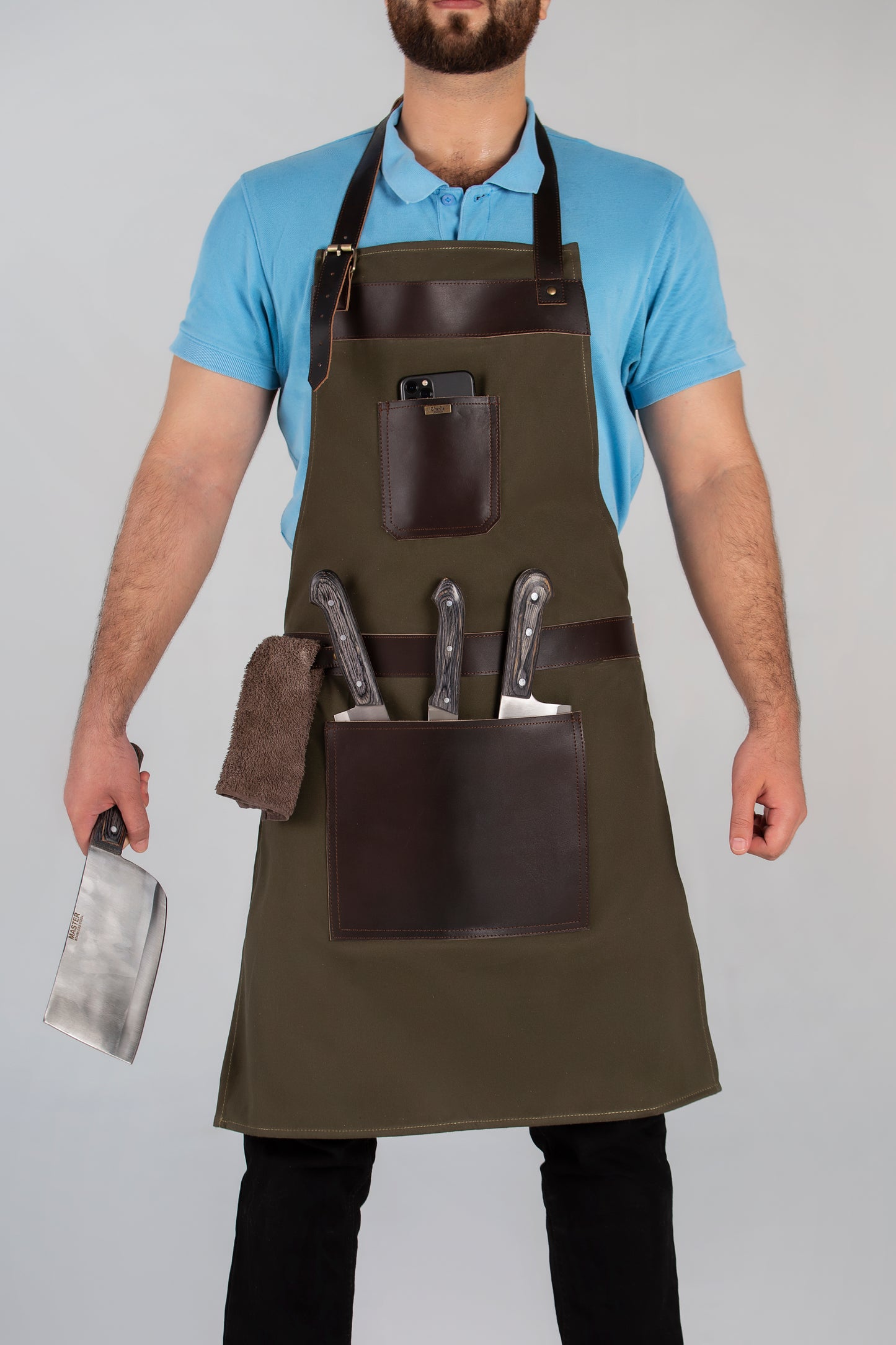 vintage canvas and leather cooking apron with adjustable leather straps