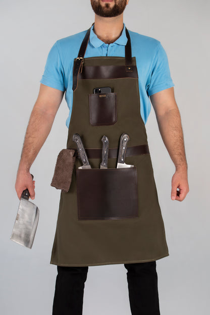 Vintage Canvas and Leather Cooking Apron with Adjustable Leather Straps