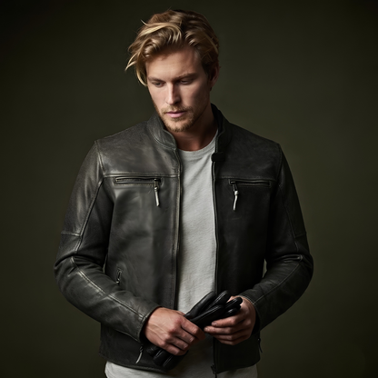 Men Biker Leather Jacket – Collarless Grey Cowhide Biker Jacket