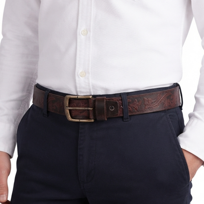 Buckle Belt Mens Western Floral Embossed Leather Belt