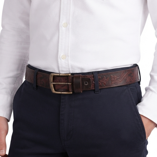 Buckle Belt Mens Western Floral Embossed Leather Belt