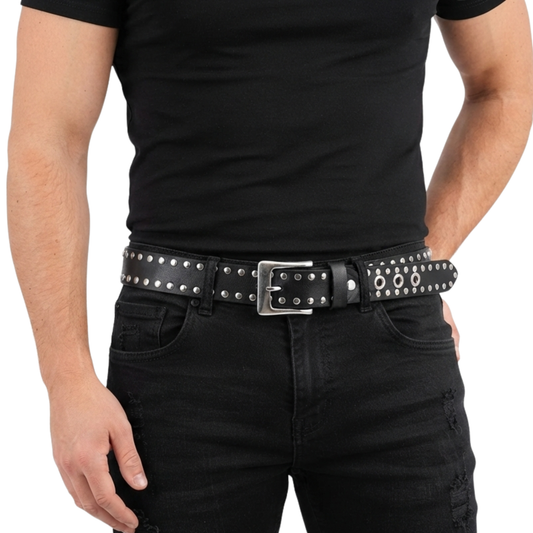 Studded Belt Genuine Leather Punk Goth Rivets Black Buckle Belt