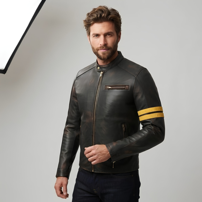 Mens Black Sheepskin Leather Jacket with Antique Distressed Finish