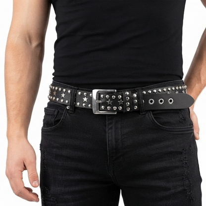 Star Studded Genuine Cowhide Leather Belt with Chrome Stars and Studs