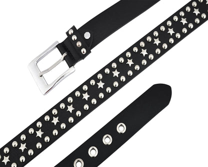 Star Studded Genuine Cowhide Leather Belt with Chrome Stars and Studs