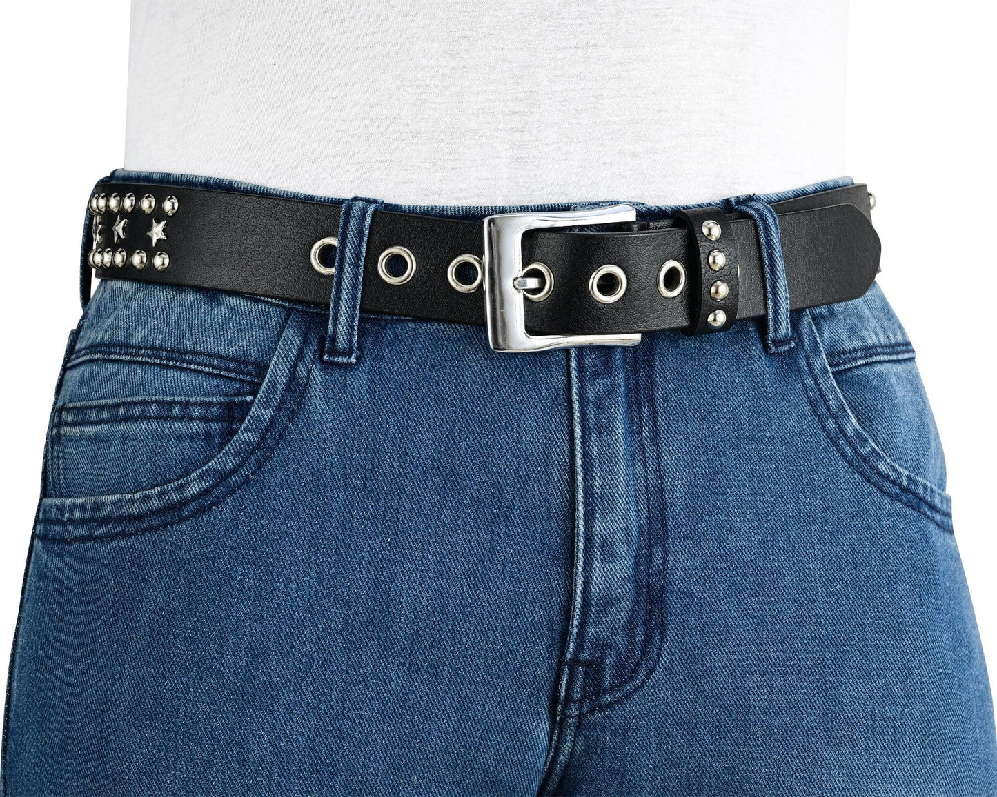 star studded genuine cowhide leather belt with chrome stars and studs