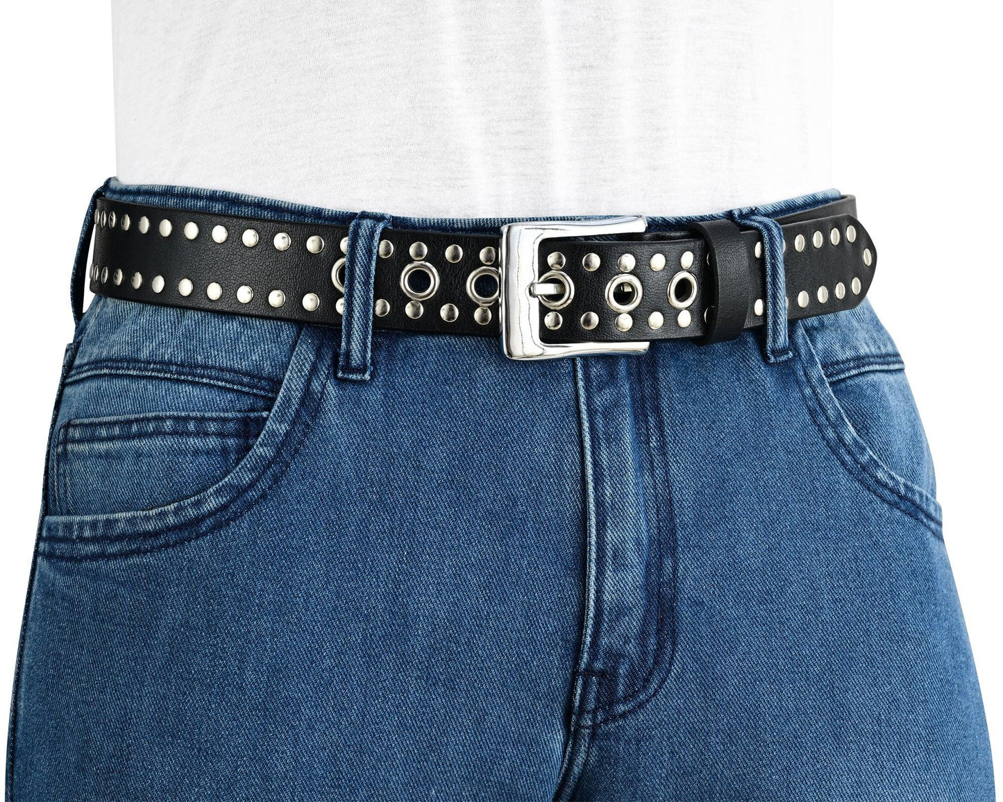 studded belt genuine leather punk goth rivets black buckle belt