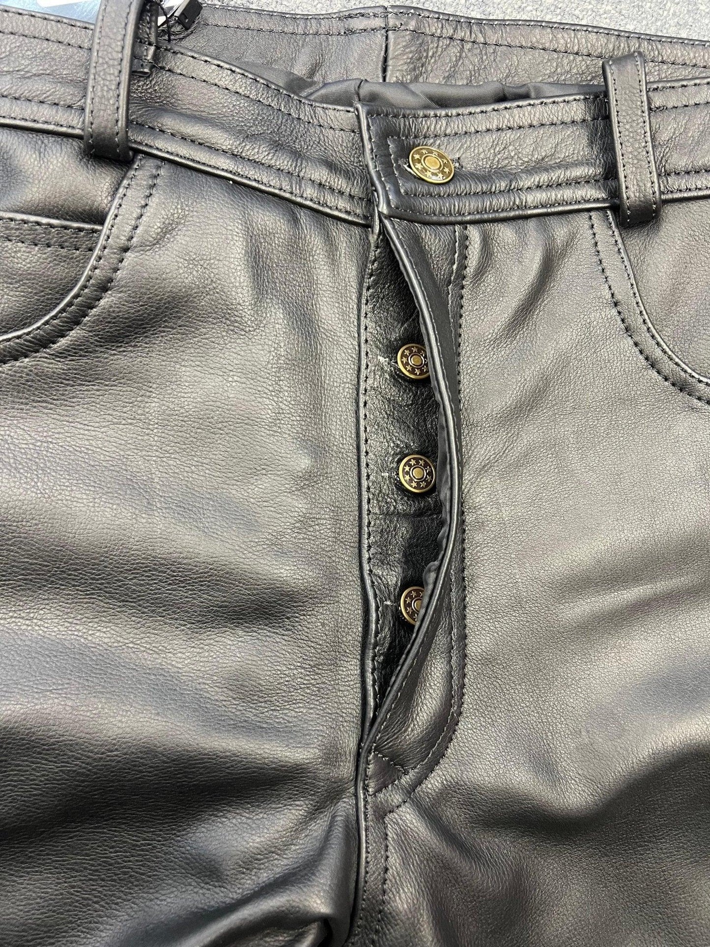 black classic fitted biker cowhide leather trousers button fly -