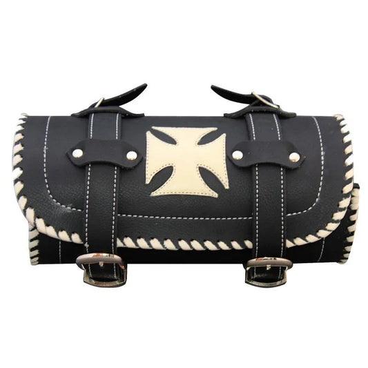 Leather Fork Bag Split Cowhide Motorcycle Tool Roll with Iron Cross