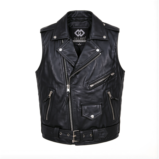 Mens Leather Sleeveless Jacket with Iconic Brando Biker Style