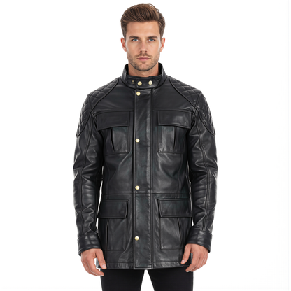 Brontes Premium Men's Leather Field Jacket Three Quarter Length