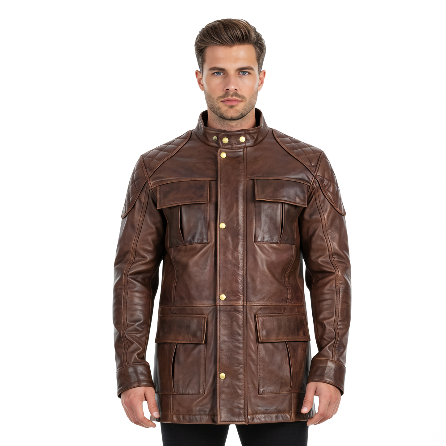 brontes premium men's leather field jacket three quarter length
