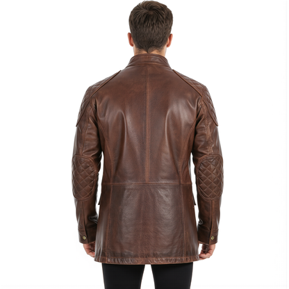 Brontes Premium Men's Leather Field Jacket Three Quarter Length