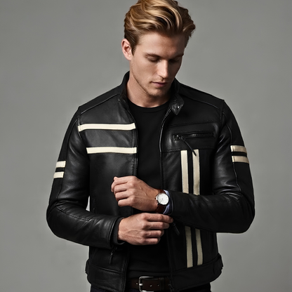 Male Biker Jacket – Men's Black Cowhide Cafe Racer Leather Jacket