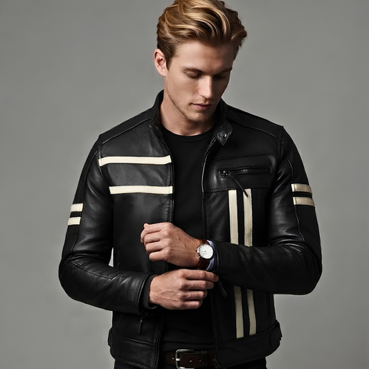 Male Biker Jacket – Men's Black Cowhide Cafe Racer Leather Jacket