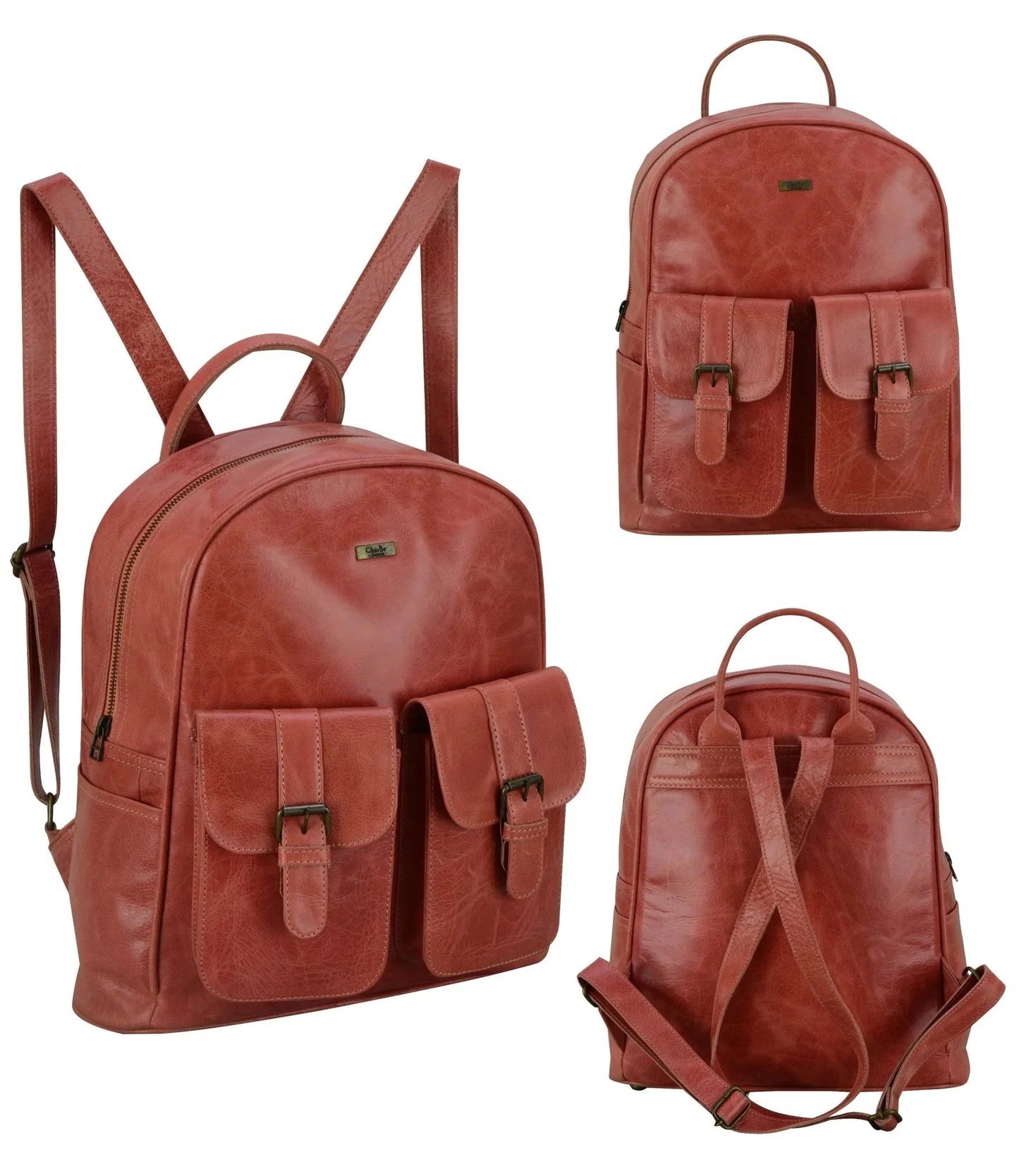 charlie london two pockets classic leather daypack backpack - 