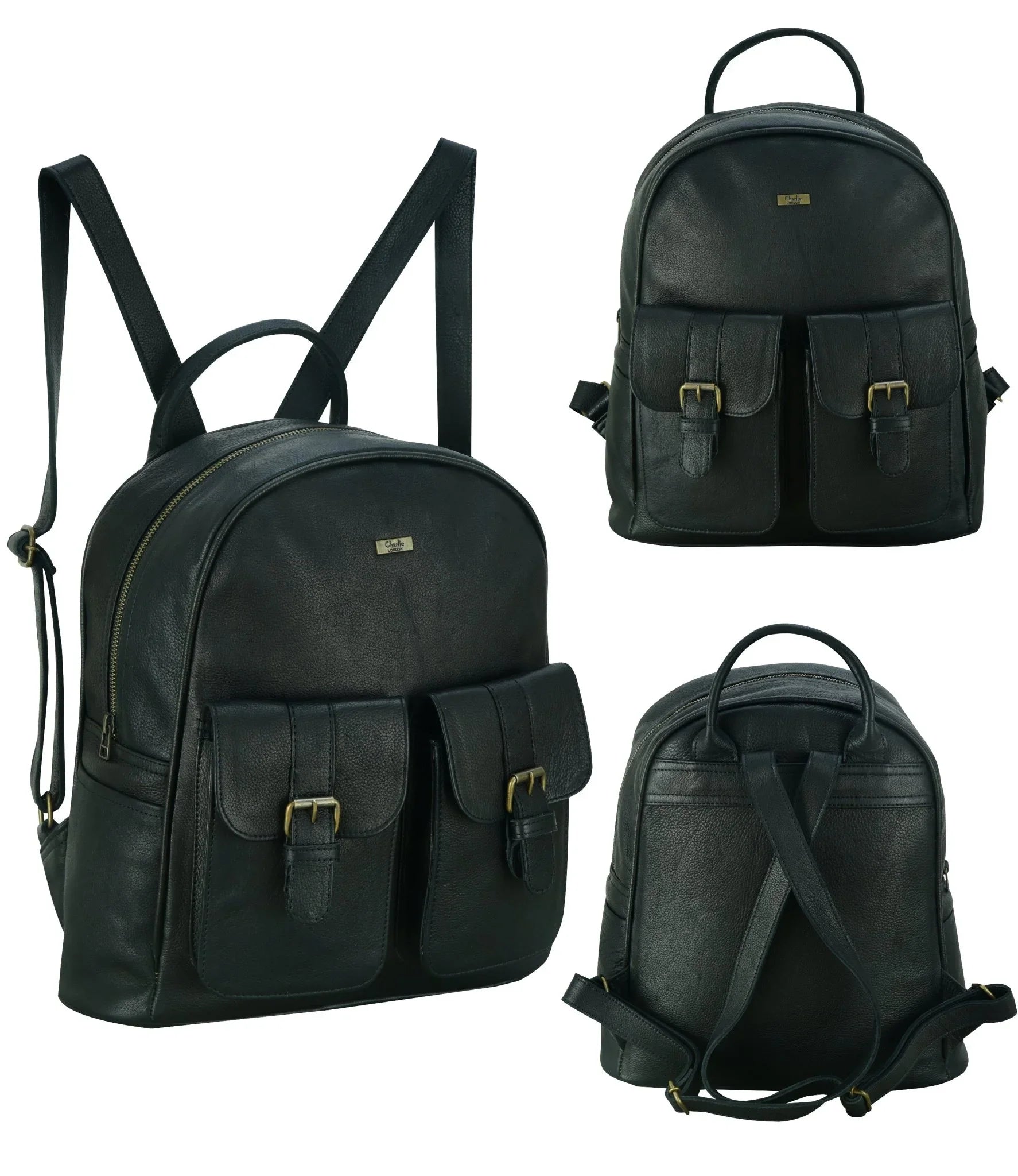 Charlie London two Pockets Classic Leather DayPack Backpack - 