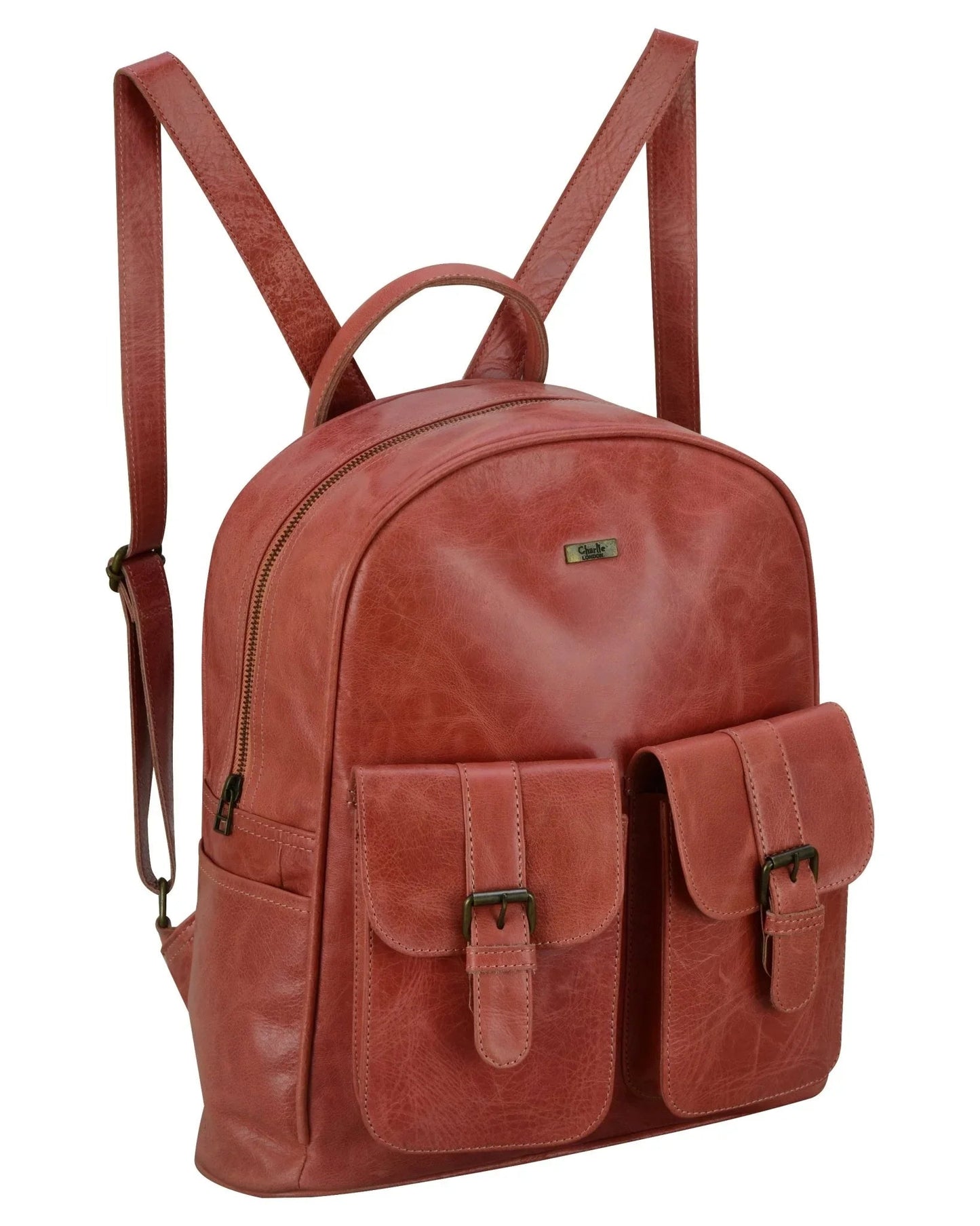 charlie london two pockets classic leather daypack backpack - 