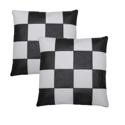 Genuine Leather Chequered Design Cushion Covers-Set of 2