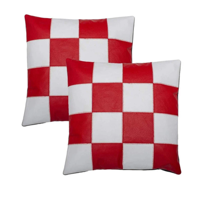 Genuine Leather Chequered Design Cushion Covers-Set of 2