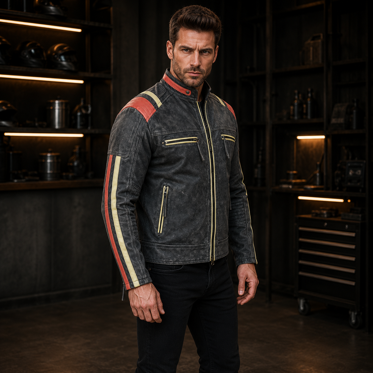 men's biker jacket in distressed grey cowhide leather with stripes