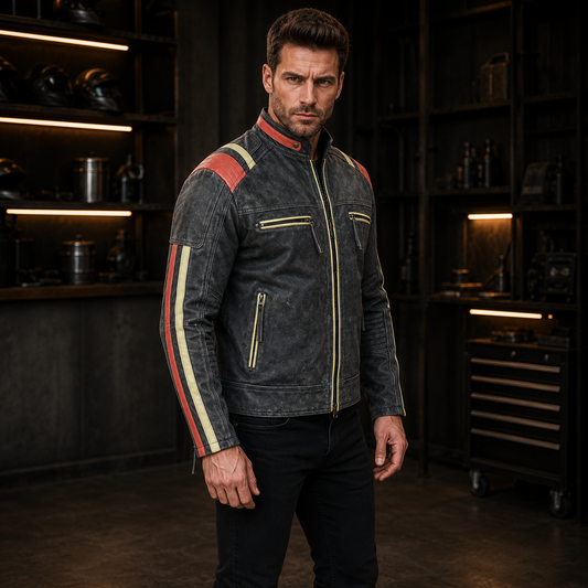 Men's Biker Jacket in Distressed Grey Cowhide Leather with Stripes